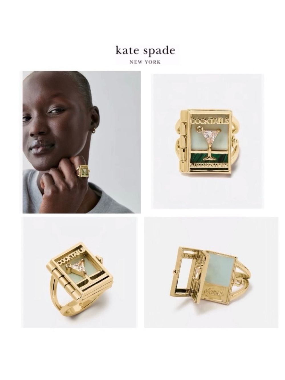 NWT Kate Spade ♠️ PAGE TURNER BOOK 12-K Gold Plated Glass Stone Cocktail Ring